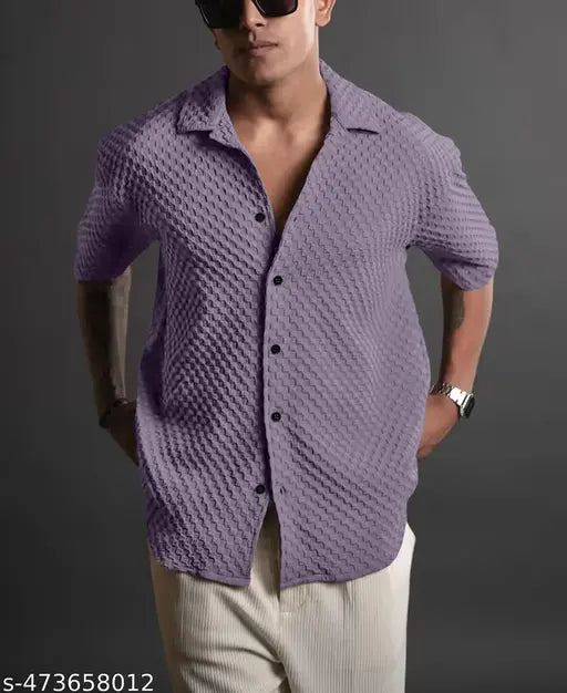 Premium Imported Men's Popcorn Fabric Self-Design Shirt - Three-Quarter Sleeves