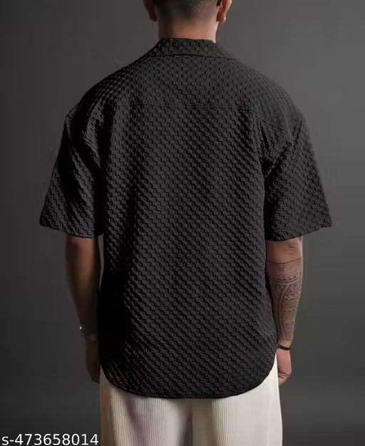 Premium Imported Popcorn Fabric Shirt for Men - Self-Design, Three-Quarter Sleeves